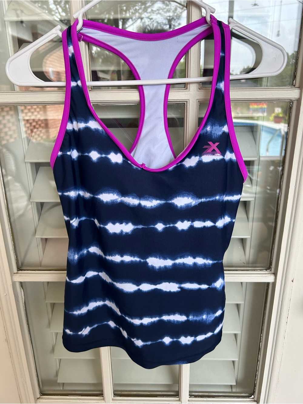 ZeroXposur Navy Blue White Tie-Dye Swim Tank with Pink Trim